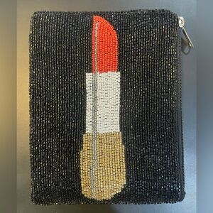 Beaded Black Wristlet Clutch with Red Lipstick Motif